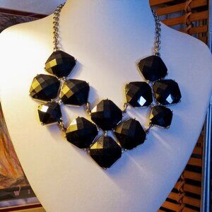 Elegant Black Faceted Geometric Stones Bib Statement Necklace Silver Accents